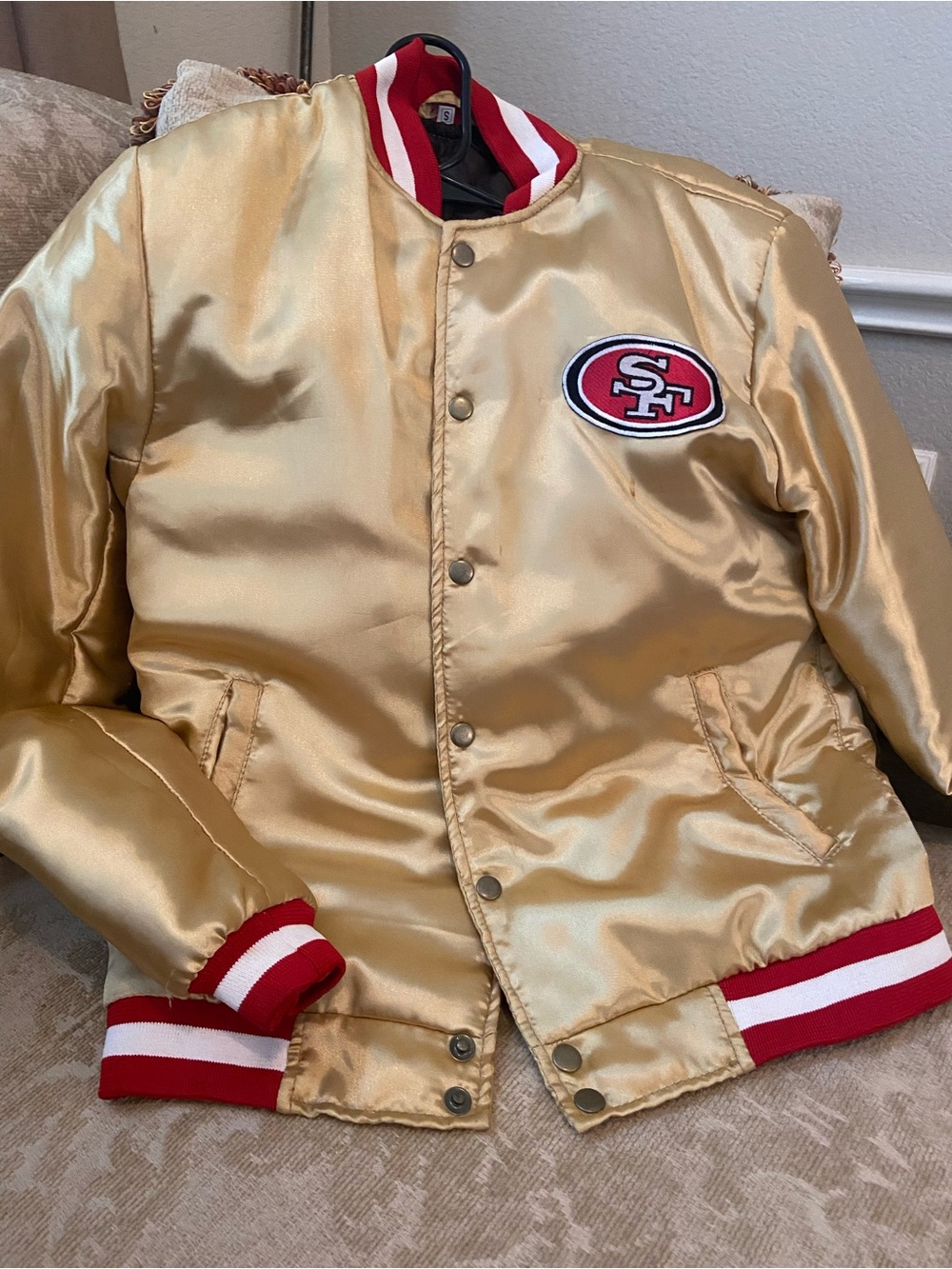 NFL Gold Satin Bomber Jacket with Red & White Trim - SF Patch